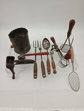 Vintage Farmhouse Lot of 11 Red Wood Handle Kitchen Utensils Tools picture
