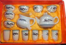 New Complete Vintage Chinese 14 Piece Tea Set Porcelain Dragon Red Green picture