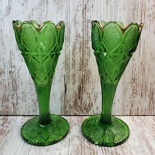 2 Vintage EAPG Emerald Green Gold Scalloped Rim Glass Flute Vases Textured  picture