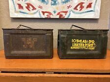 TWO US WW2 Vietnam Era 50 Cal Ammo Box Can Side Latch Flaming Bomb J.B.S. CO picture