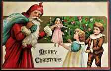Red Robe Santa Claus with Children~Tree~Toy Sack~Antique Christmas Postcard~h923 picture