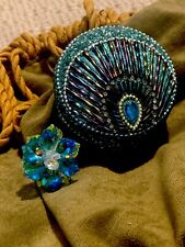 Vintage Round Domed Peacock Beaded Trinket Jewelry Box & Crystal Ring picture