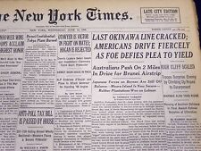 1945 JUNE 13 NEW YORK TIMES - LAST OKINAWA LINE CRACKED - AMERICANS - NT 343 picture