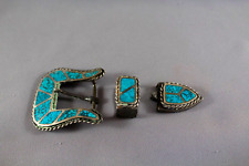 Old Pawn Zuni Sterling Silver And Turquoise Inlaid Belt Buckle picture