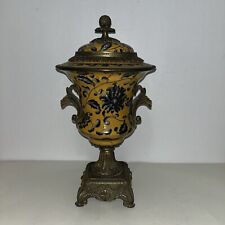 Oriental VTG Hand Painted Footed Urn Lidded Vase Porcelain Brass Base 14