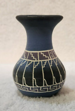 Vintage Carol Charlie Navajo Small Etched Blue Clay Pottery Vase 3