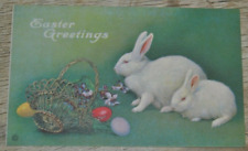 Antique EASTER GREETINGS Made USA Two White Bunnies with Easter Basket Postcard picture