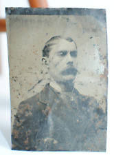Antique Tintype Photograph Portrait of  Man with Large Mustache Posing in a Suit picture