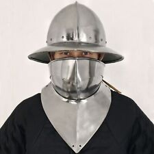 Medieval Kettle Helmet With Gorget Bevor 16 Gauge Steel Bassinet Knight Helmet picture