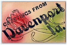 c1910 Greetings from Davenport IA Glitters Flowers Embossed Airbrush Postcard picture