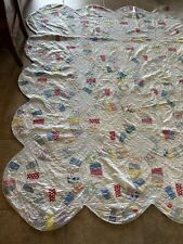 Antique Handmade Double WEDDING RING QUILT Colorful Feedsack Prints 87X91 Damage picture