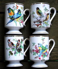 Vintage Set Of 4 ROYAL CROWN Footed Porcelain Mugs LOVELY BIRDS colorful w gold picture