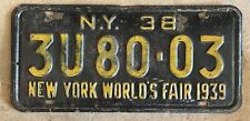 1938 NEW YORK WORLD'S FAIR 1939 LICENSE PLATE #3U8003 BLACK YELLOW picture