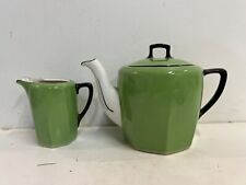 Antique Gebruder Benedikt German Green Porcelain Teapot and Creamer picture