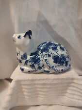 🔥 Vintage Cat Figurine Blue White Floral Laying Down 7” Floral Ceramic  picture