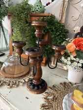 Vintage Wooden Candelabra With 5 Black Metal Arm Candle Holder 14.5 Tall picture