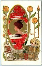 Postcard - A Happy New Year with Flowers and Woman Art Print picture