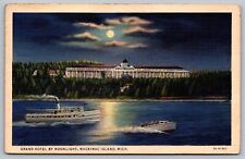 Grand Hotel Moonlight Night View Mackinac Island Michigan Boats Vintage Postcard picture