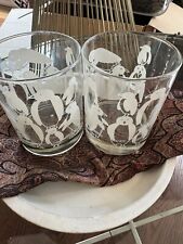 Set of 2 RARE Taylor & Ng Naughty Penguins Low Ball Cocktail Glasses Vintage Cup picture