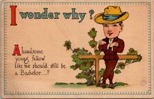 postcard 1916 cartoon i wonder why handsome man like me is bachelor Hat picture