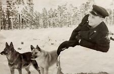 1950s Handsome Young Man Soldier Winter Dogs Forest Vintage Photo Portrait picture