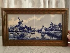 Vintage Pair of Framed Blue Delft Hand Painted Ceramic Royal Mosa Holland Tiles picture