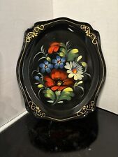 Russian Tole Hand Painted Black Lacquer Tray w/Flowers LLeha 58 KON picture