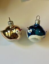 2 Vintage Glass Bird Ornaments Blue Gold With Glitter Detail picture