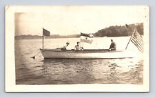 RPPC Motor Boat Union Jack, 18 Star US & AVOC Dutch East India Co Flags Postcard picture
