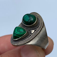 VERY RARE ANCIENT SILVER VIKING RING WITH GREEN STONE AMAZING ARTIFACT AUTHENTIC picture