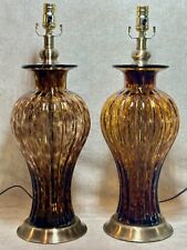 Vintage Pair Blown Art Glass Lamps Mid Century Modern Ribbed Tortoise Shell Big picture