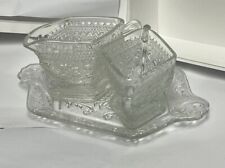 Vintage Indiana Glass Cream & Sugar Set w/ Tray Sandwich Glass Diamond Shape picture