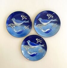 Vintage Bovano of Cheshire Set of 3 Enameled Copper Trinket Dishes Blue Birds picture