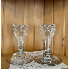 Antique Pair of Art Deco Clear Glass Candle Holders Silver Overlay Taper Candles picture