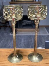 Lot of 2 Vintage Brass Footed Pedestal Tapered Votive Candle Holder w/ Filigree picture