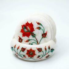 Coffee Inlay Work White Marble Tea Coaster  Precious Stone Flower  h2 picture