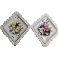 Lefton Japan KW 4374 Pair Diamond china handpainted flower daisy violet 5x6 hang picture