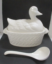 VTG Japan made Lidded Duck Soup Tureen W/ Ladle Basket Weave Creamy White Color picture