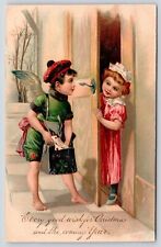 PFB Christmas~Little Girl in Pink Answers Door~Angel Boy Delivers Mail~No 6217 picture