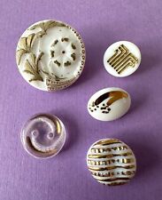 5 Vintage White Glass Buttons with Painted Gold Designs picture