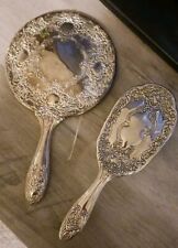 Silver Plated Hand Mirror Vintage Aged Patina Embossed Round With Brush picture