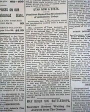 UTAH STATEHOOD Joins the Union Outlaws Polygamy Grover Cleveland 1896 Newspaper picture