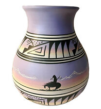 Navajo Pottery Vase XL LARGE 10” signed Ishi Dine Etched Purple Desert Mesa VTG picture