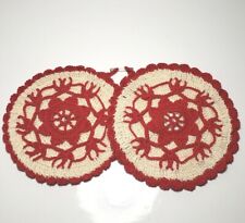Vintage Crocheted Pot Holders Red Beige Round picture