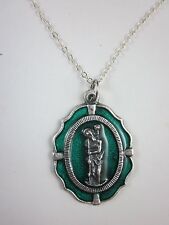 Ladies Large St Christopher Medal Green Enamel Italy Pendant Necklace 20