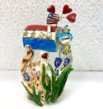 Blue Sky Goldminc Cat Bird Hearts Friend Mailbox Tealight Candle Holder 6” picture