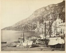 Amalfi marina boat harbor view houses antique art albumen photo by Sommer Italy picture