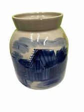 Yesteryears Pottery Marshall Texas Crock Hand Turned Painted Blue Barn 8”x7” picture