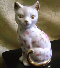 VINTAGE WHITE PINK ROSE GOLD TRIM SITTING CAT FIGURINE picture