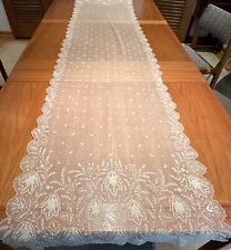 Antique Silk Belgian? Tulle Embroidered Ecru Ivory Lace Table Runner Scarf 84x20 picture